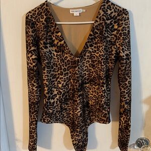 Good AmericanHigh Shine Compression Leopard Scoop Neck Long Sleeve Bodysuit